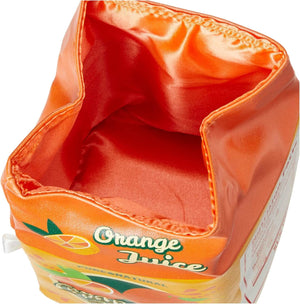 Yup! Orange Juice Pouch with open zipped closure, showcasing soft-touch fabric, ideal for holding small items or as a fun, unique gift.