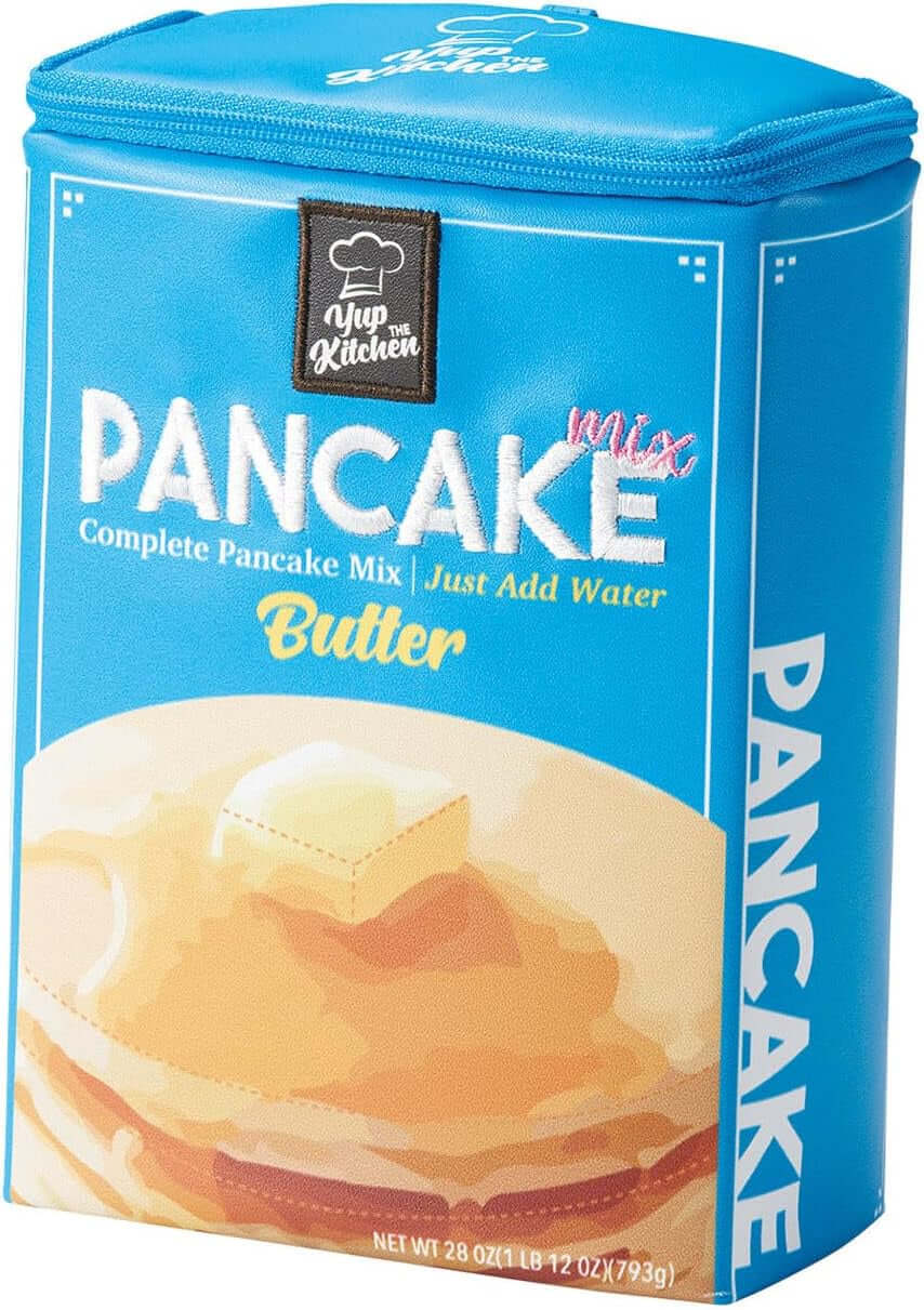 Yup! Pancake Box Zipped Pouch shaped like a pancake mix box, ideal for organizing pens, makeup, and tech gear.