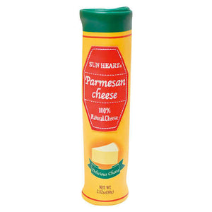 Sun Heart parmesan cheese container with green lid and red label, 100% natural, shaped like a cheese pouch, 2.82oz net weight.