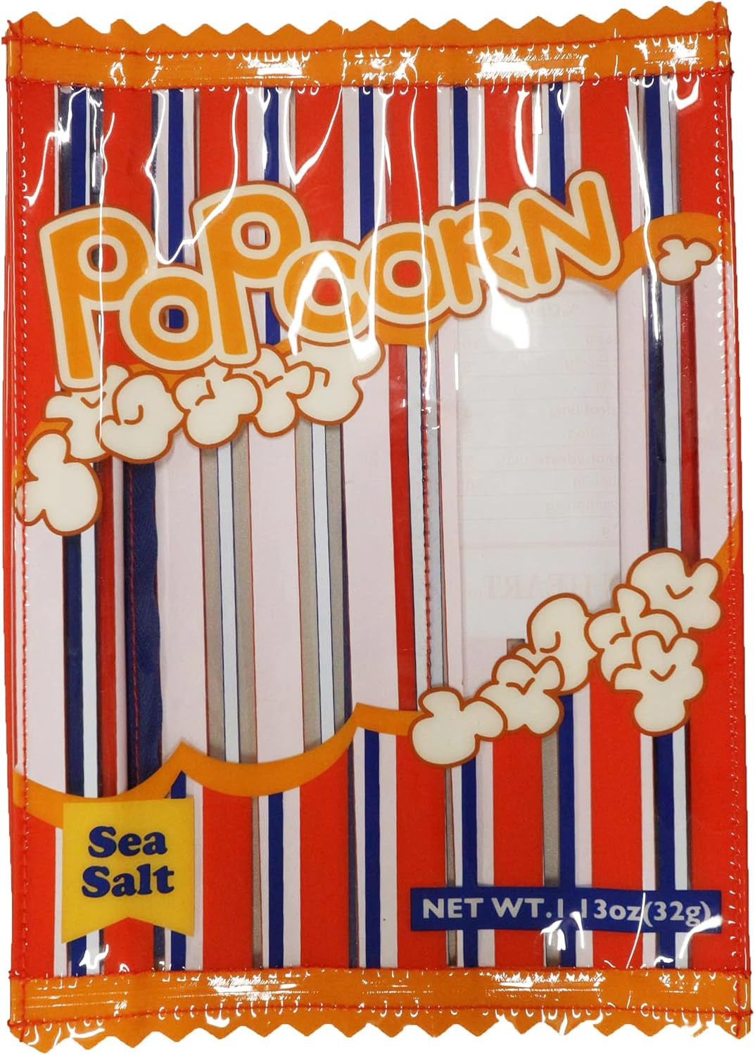 Yup! Popcorn Zipped Pouch with red and blue stripes and popcorn graphics, perfect for storing pens, makeup, or snacks.
