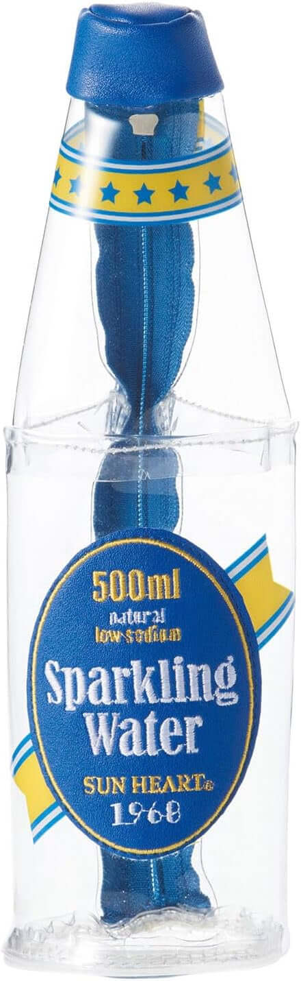 Yup! Sparkling Water Zipped Pouch, bottle-shaped organizer with blue and yellow design, ideal for pens, makeup, snacks.
