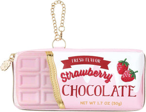 Yup! Strawberry Chocolate Zipped Pouch shaped like chocolate bar with strawberries, soft-touch feel, gold chain, versatile organizer.