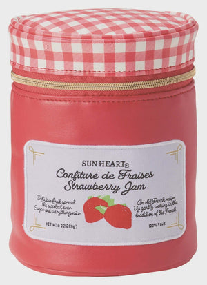 Yup! Strawberry Jam Zipped Pouch, soft-touch organizer shaped like strawberry jam jar, ideal for pens, makeup, tech gear, and more.