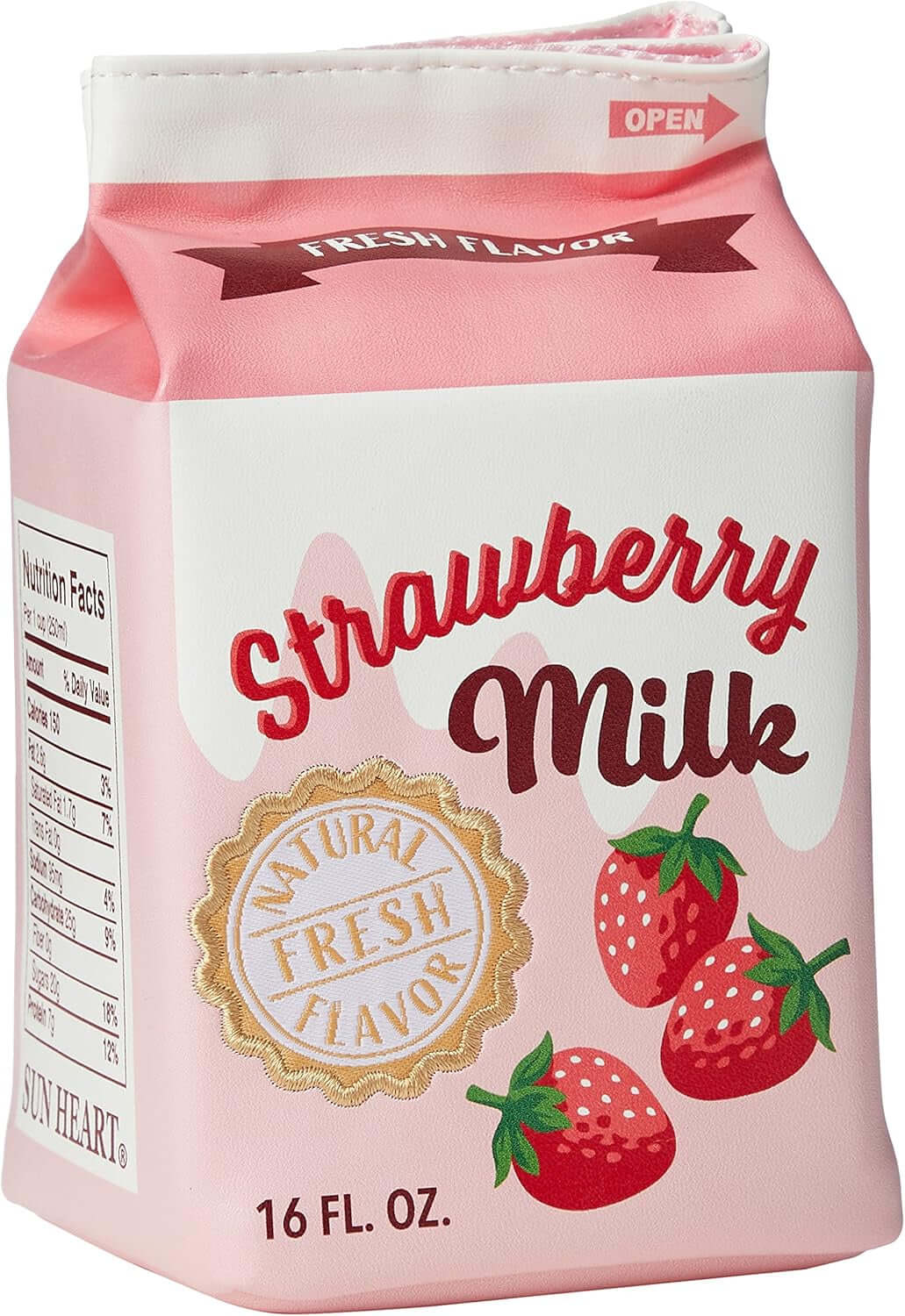 Alt Tag: Yup! Strawberry Milk Zipped Pouch in pink carton shape with strawberries, perfect for organizing makeup, snacks, or tech gear.