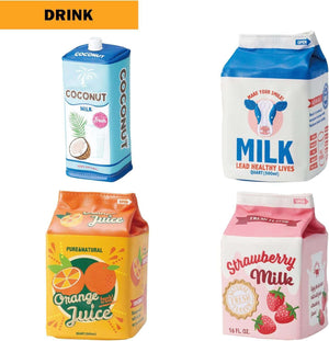 Collection of drink-themed zipped pouches in coconut, milk, orange juice, and strawberry milk designs, perfect for gifting or organizing.