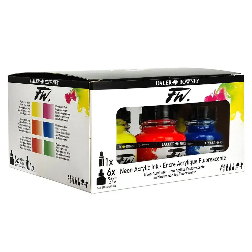 Daler Rowney FW Acrylic Ink Neon Set 6 x 29.5ml with Marker