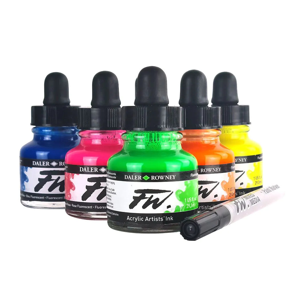 Daler Rowney FW Acrylic Ink Neon Set 6 x 29.5ml with Marker