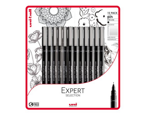 Uni-ball Expert Selection 12 piece Uni-pin fineliner drawing pens, black