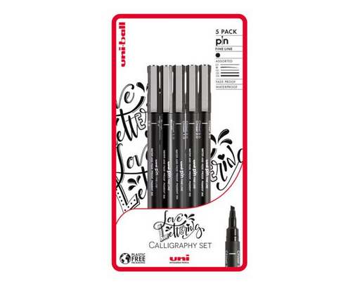 Uni-ball Love Lettering 5 piece Uni-pin fineliner drawing pens, black