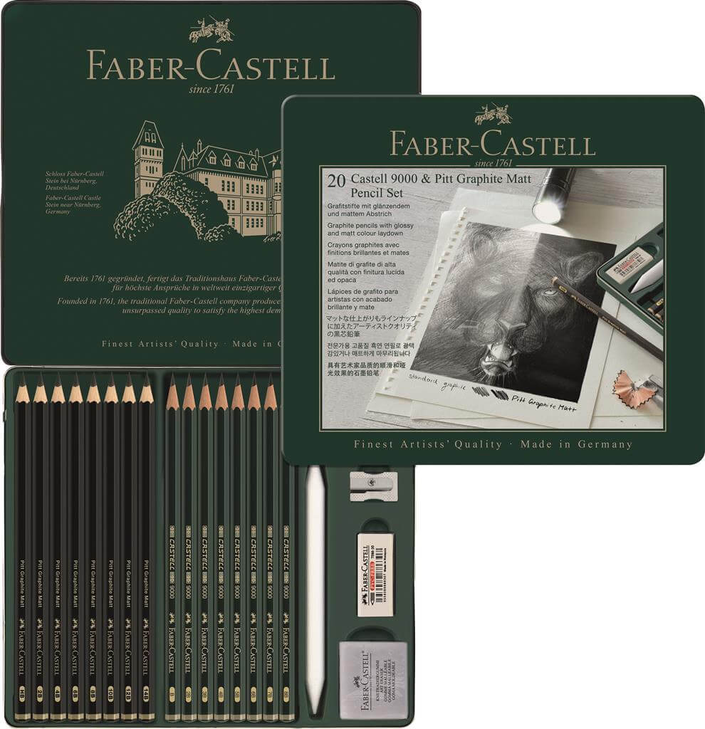 Faber Castell Pitt Monochrome tin Graphite Matt and castell 9000 set
